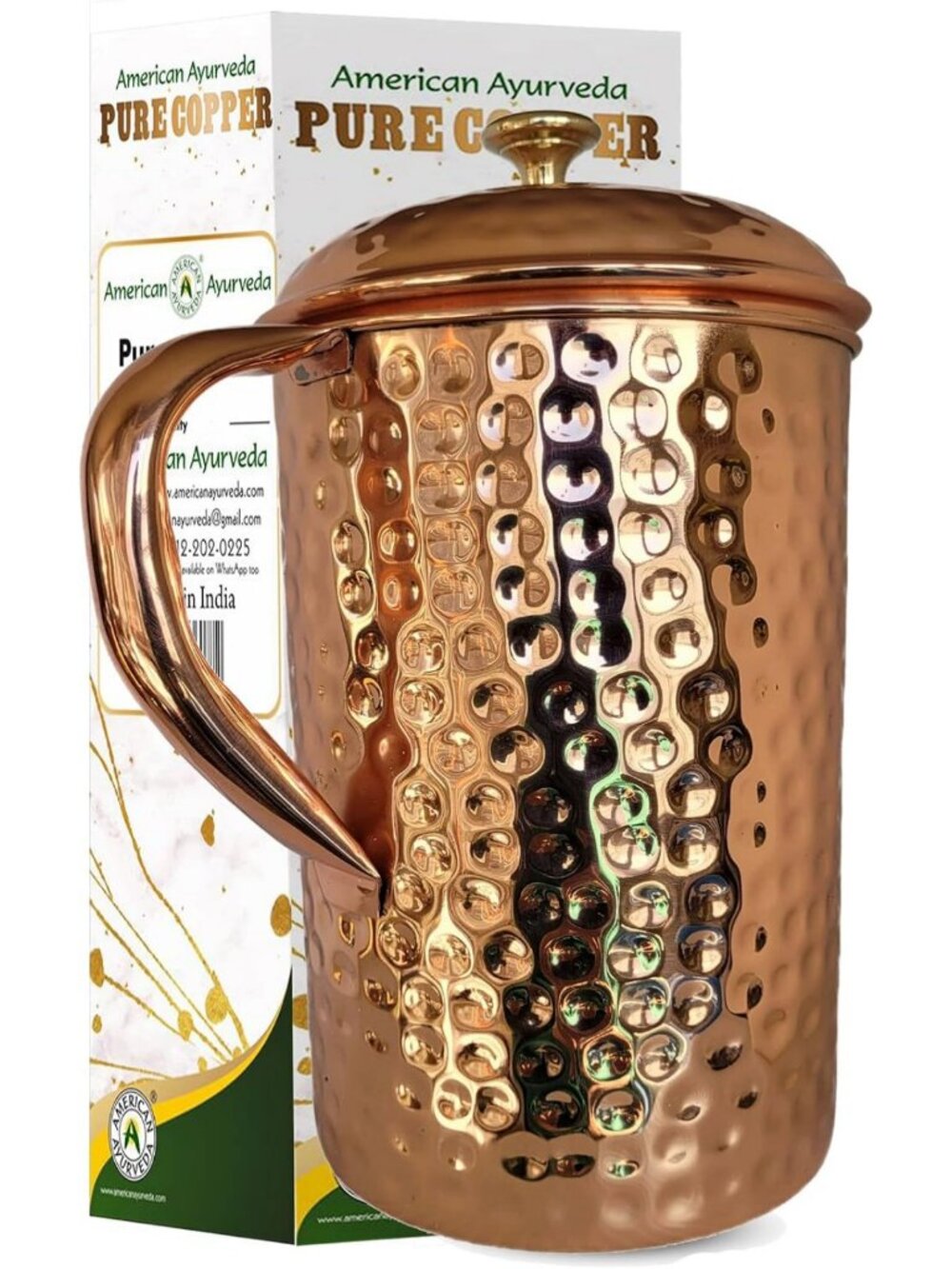 Extra Large 2.2L Hammered Pure Copper Pitcher with Brass Knob Lid - Elegant Jug